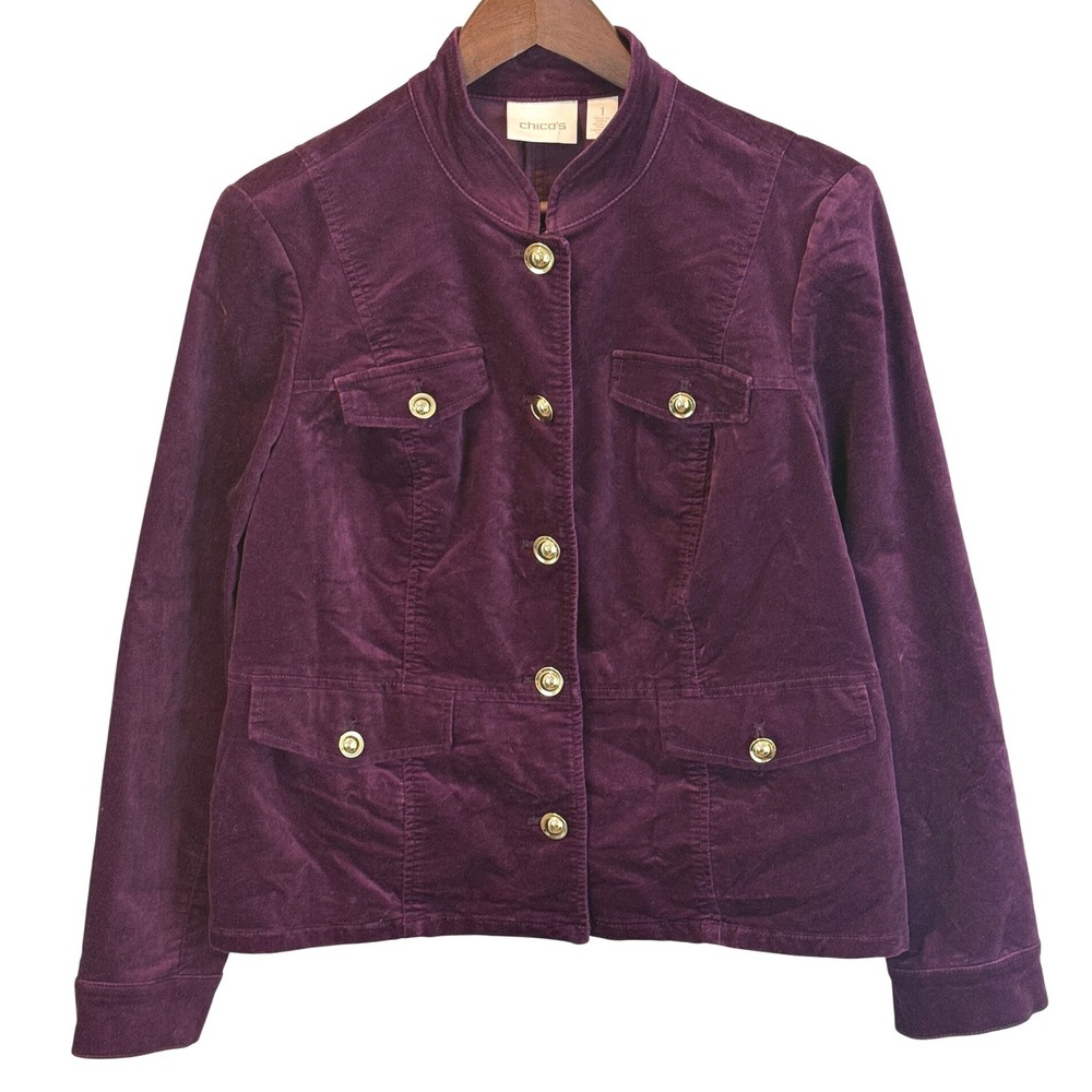 CHICO'S Purple Velvet‎ Blazer Gold Buttons Front Hip Pockets Size 1 (Medium)